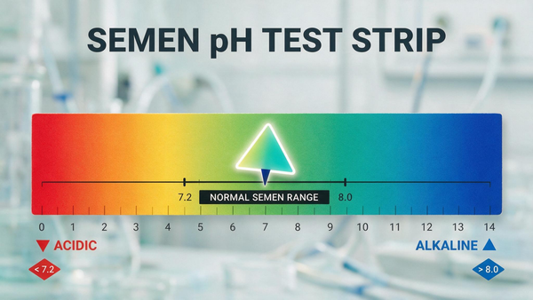 pH scale from 0 to 14 showing the normal semen pH range of 7.2 to 8.0, with acidic below 7.2 and alkaline above 8.0
