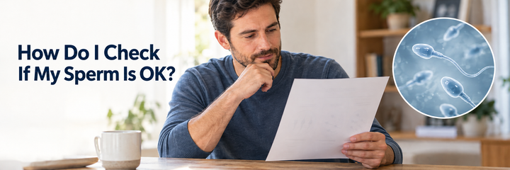 Man reading a sperm-test report beside a magnified sperm illustration and the question How Do I Check If My Sperm Is OK?