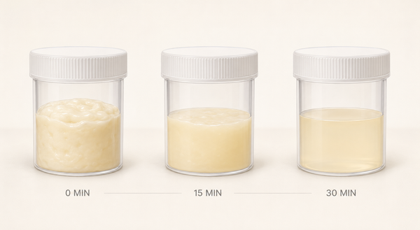 Timeline showing semen changing from thick gel to runny liquid within 30 minutes of ejaculation.