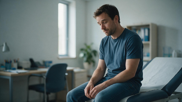 Man sitting on the edge of an examination couch after a varicocele diagnosis, looking down thoughtfully