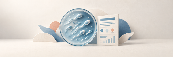 Illustration of sperm viewed through a microscope beside a semen-analysis report.