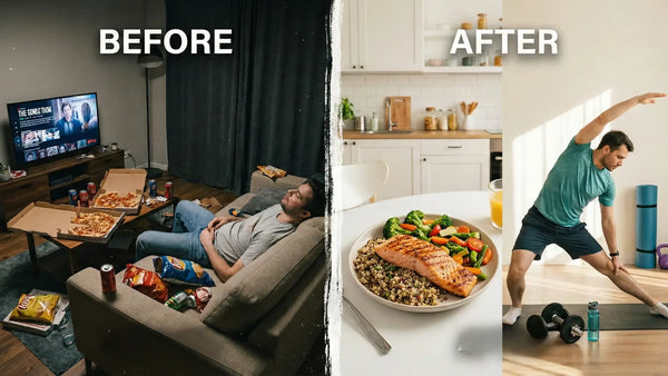 Before and after male fertility lifestyle: man sitting on couch with junk food versus exercising and eating salmon, vegetables, and quinoa.