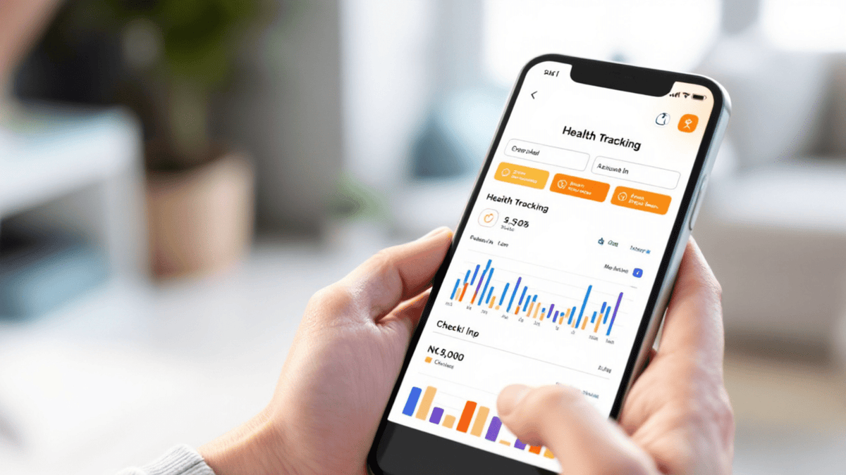 Close-up of hands holding a smartphone displaying a health tracking app with colourful charts in a bright, modern home setting.