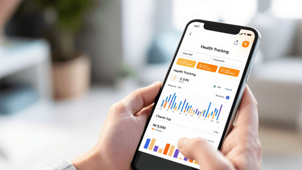 Close-up of hands holding a smartphone displaying a health tracking app with colourful charts in a bright, modern home setting.