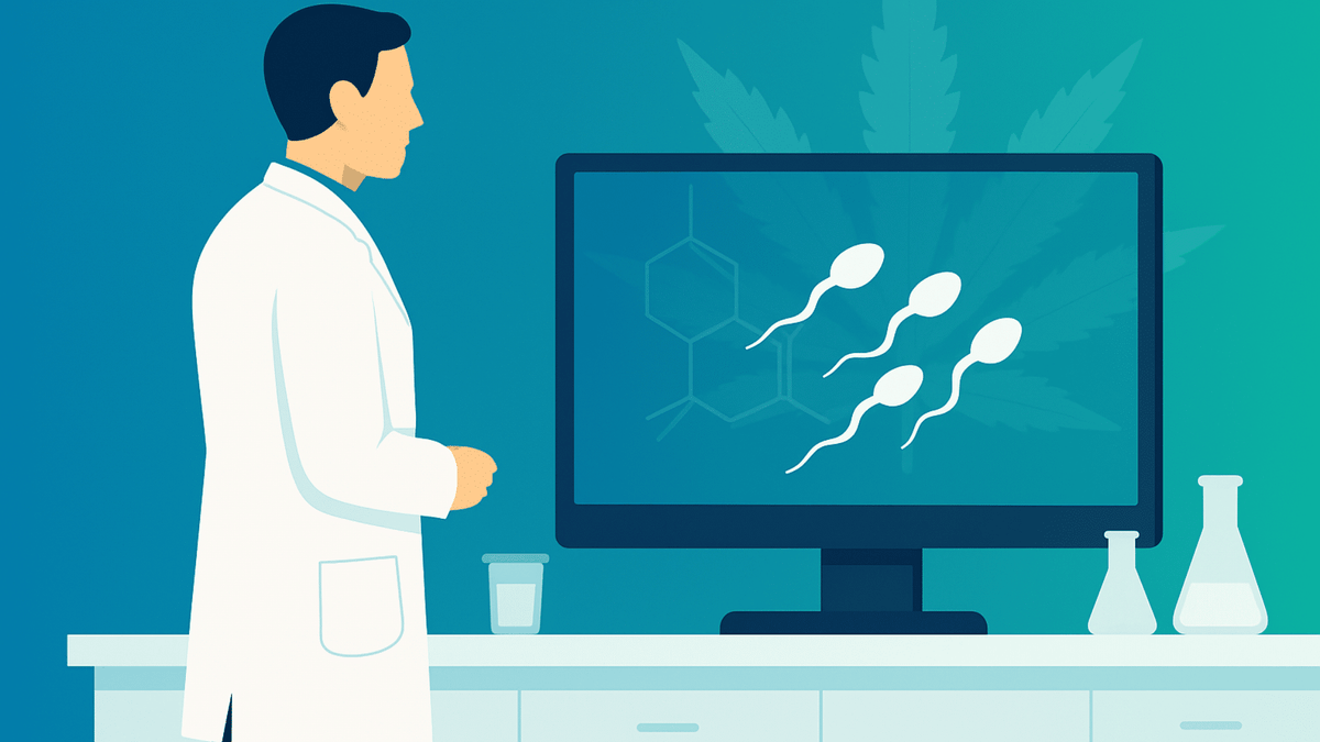 Clinical vector scene of an anonymous researcher reviewing a microscope feed showing sperm with a THC overlay; subtle cannabis leaf watermark in the background.