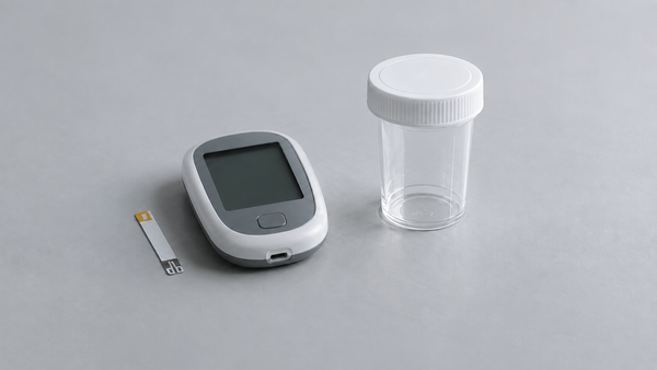 a blood glucose meter with a test strip, and a clinical specimen container