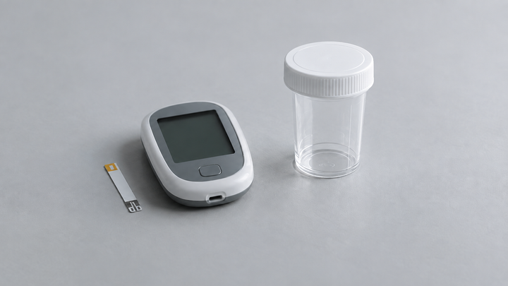 a blood glucose meter with a test strip, and a clinical specimen container