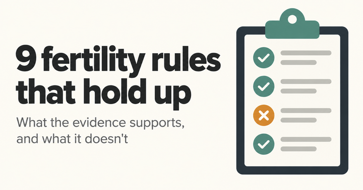 A checklist graphic with three ticks and one cross, illustrating nine evidence-based male fertility rules and which common advice does not hold up.