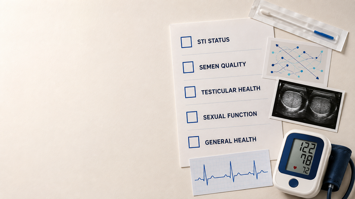 Male sexual and reproductive health checklist covering STI status, semen quality, testicular health, sexual function and general health.