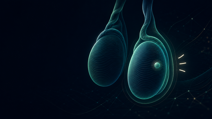Abstract medical illustration representing testicular pain, lumps and swelling in relation to male fertility
