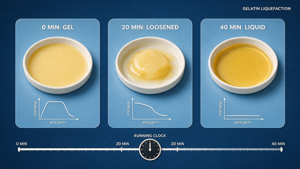 Three-stage timeline showing semen changing from thick gel at 0 minutes, to loosened at 20 minutes, to fully liquid at 40 minutes