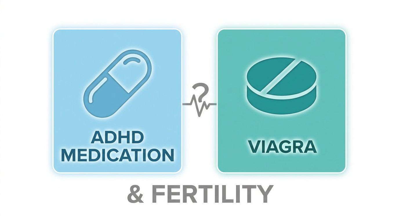 Does Adderall affect sperm count? ADHD medication and Viagra icons connected by a heart-rate line and question mark, representing their link to male fertility