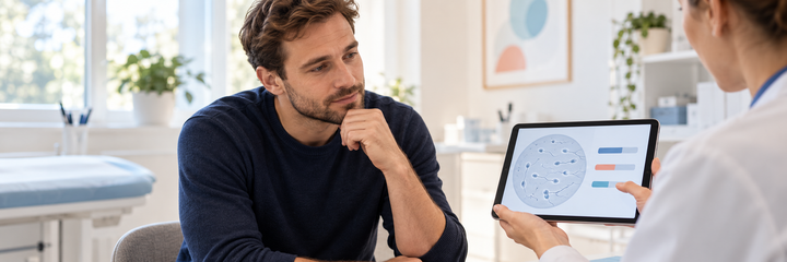 Man discussing sperm-quality assessment with a clinician who shows a semen-analysis illustration on a tablet.