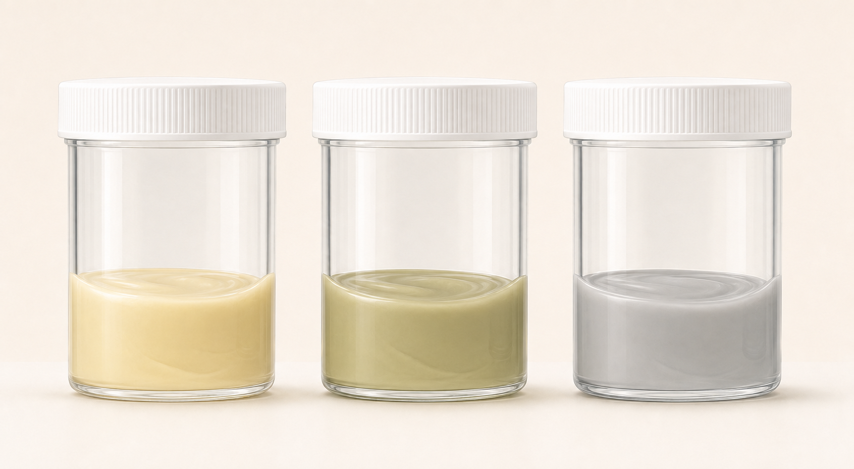 Three specimen jars comparing semen colours: pale yellow, yellow-green and normal grey.