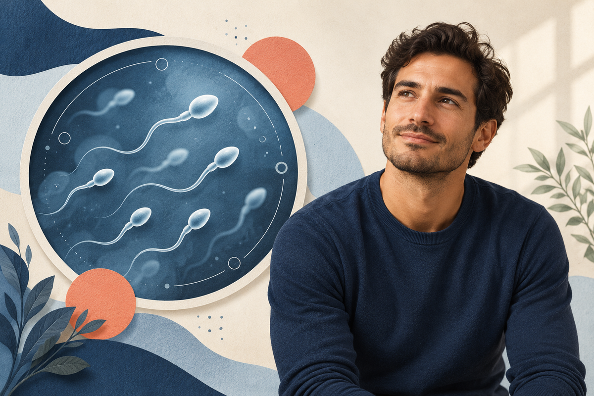 Illustration of a man beside a stylised microscopic view of sperm, representing male fertility testing.